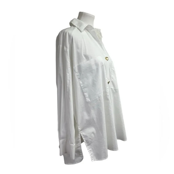 Magaschoni White Long Sleeve Blouse, size large. Gold buttons oversized top - Picture 3 of 15